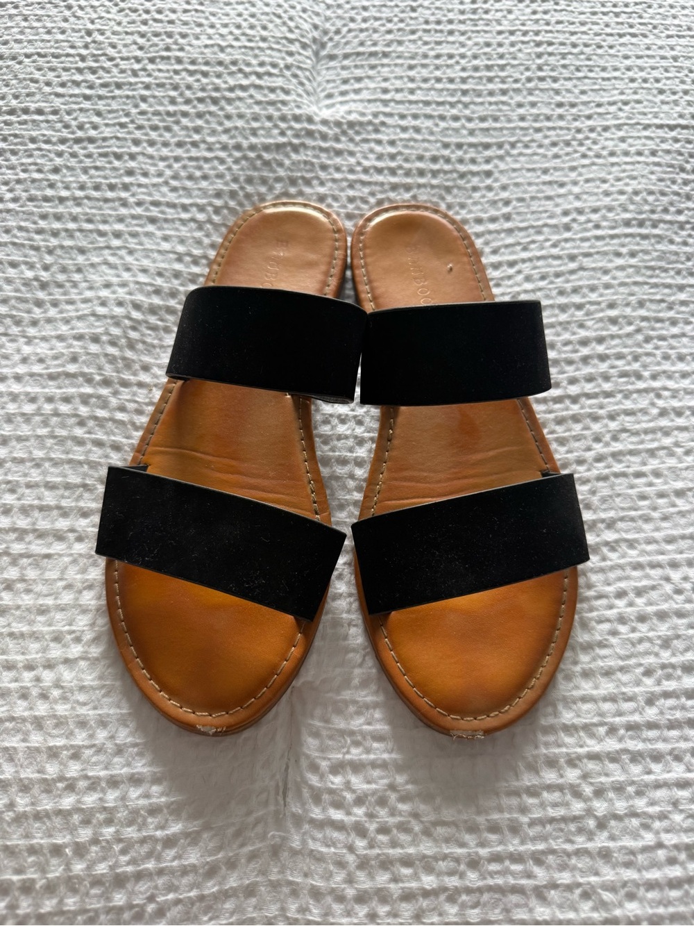 BAMBOO Black and Tan Double-Band Slide Sandals